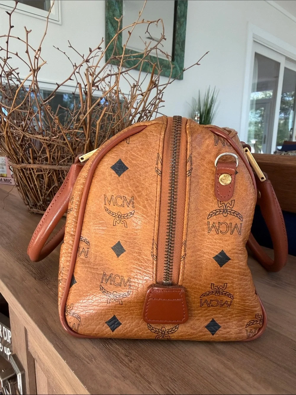 MCM Cognac Visetos Monogram Leather Satchel with Gold Hardware